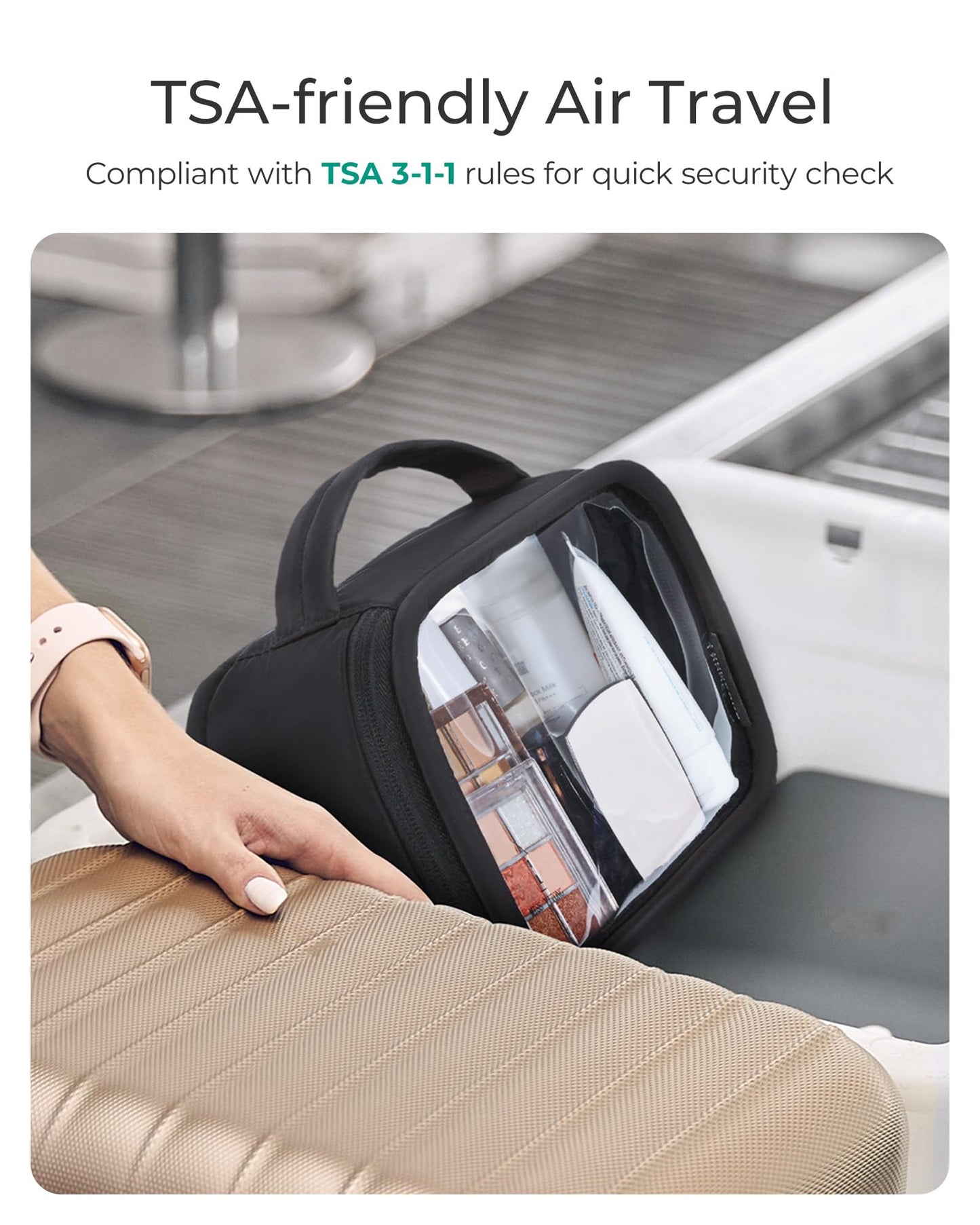 BAGSMART TSA-Approved Toiletry Bag, Large Opening Clear Makeup Bag with Handle, Quart Sized Travel Toiletry Bag, Carry-On Airline Compliant for Men and Women (Black)