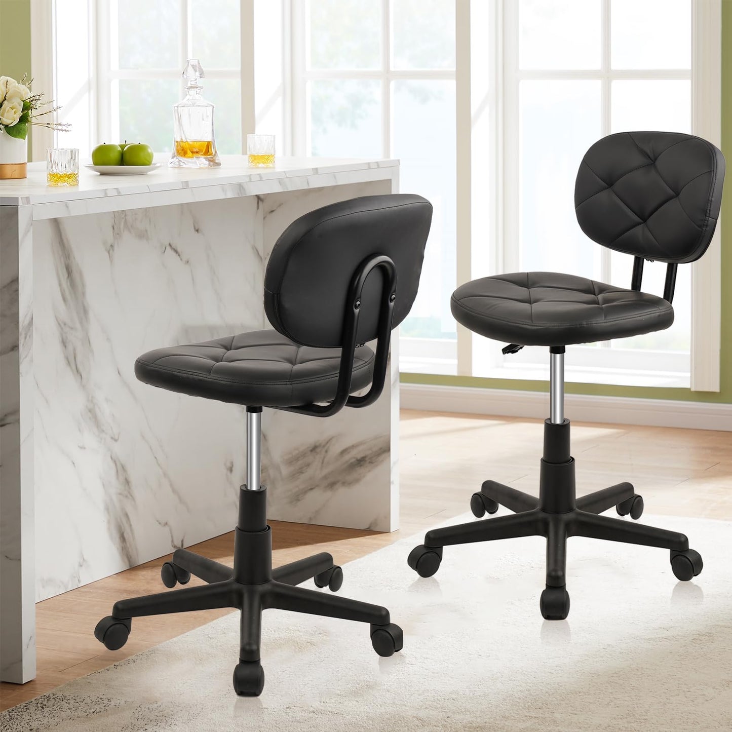 KLASIKA Round Rolling Stool with Adjustable Height and Pu Leather Backrest Swivel Stool Chair for Salon Tattoo Work Office Massage Black