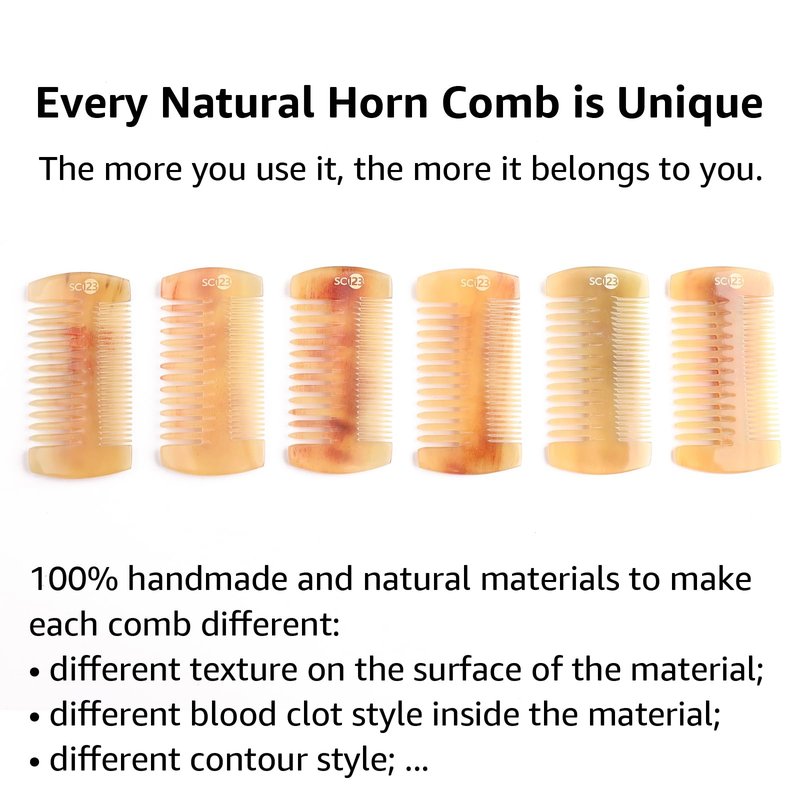 SC123 Untreated 4.3 inch Real Ox Horn Curly Hair Picks Beard Mustache Comb, Handmade Fine Wide Tooth Double Sided Small Pocket Travel, Anti-static Detangling Massage Scalp Gua sha for Women Men
