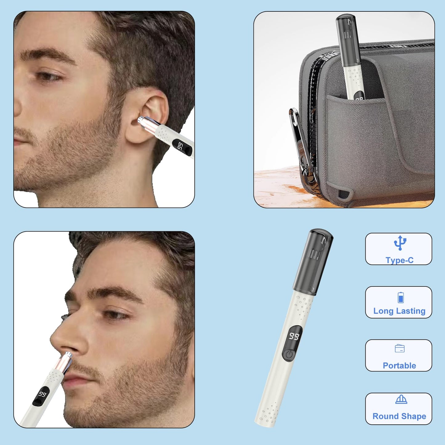 jaxiria Nose Hair Trimmer for Men/Women, Electric Facial Hair Removal Tool - Nose Clippers ABS Cover - Portble Rechargeable with Replacement Head (White)