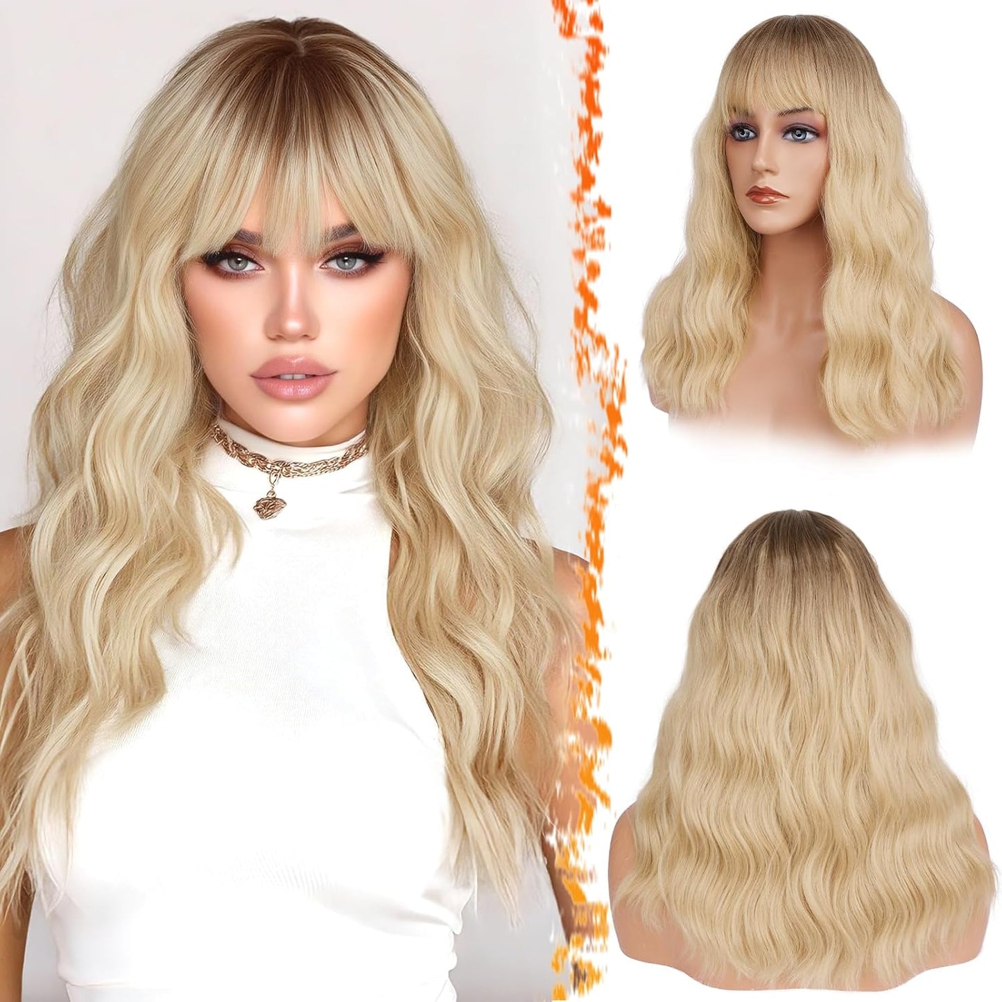 Long Wavy Blonde Curtain Bangs Wig - 26" Synthetic Ombre Wig with Dark Roots | Soft Natural Look