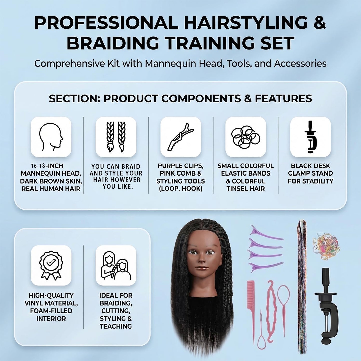 Human Hair Mannequin Head - 16 Inch Braiding Practice Head with Clamp Stand | Black