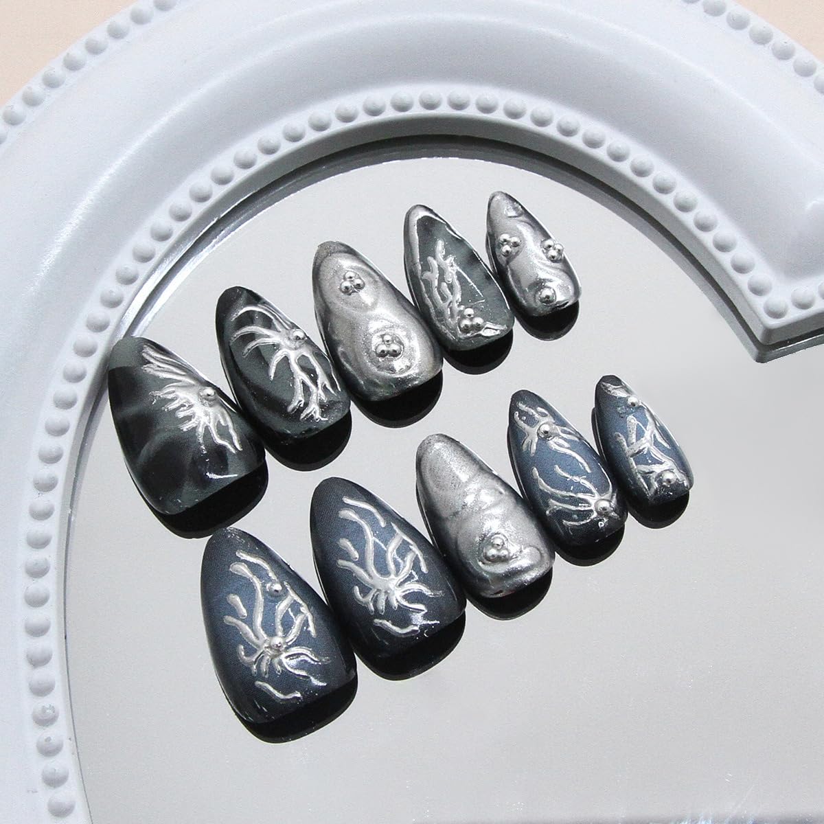 Goth Press-On Nails - 30 Pcs Medium Almond Shape | 3D Silver Alloy Glitter Design, Reusable Black Acrylic Full Cover