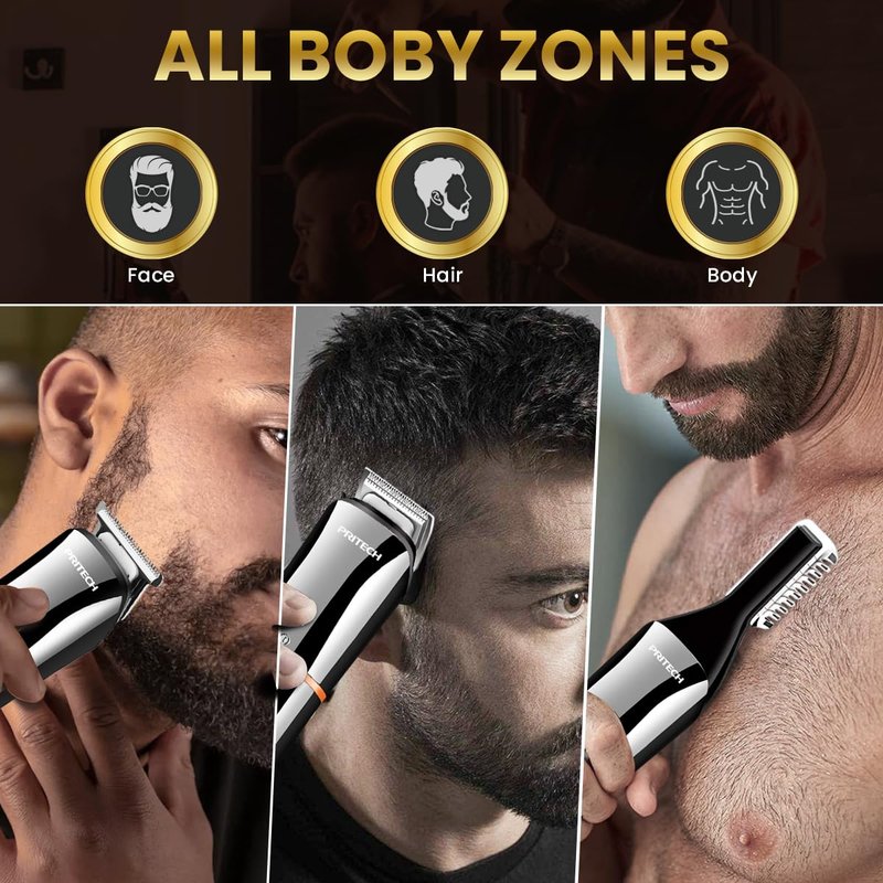 PRITECH Beard Trimmer for Men,6 in 1 Hair Clippers Kit, Precision Cordless Grooming Kit Waterproof IPX6 for Beard, Hair, Body, Nose, Ear, with Foil Razor (Silver)