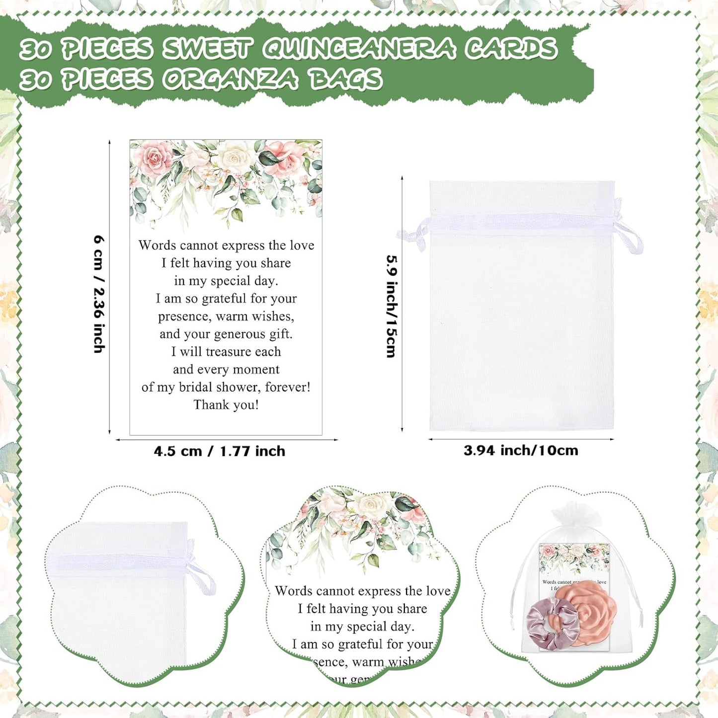 Rose Compact Mirror Set - 30 Bulk Bridal Shower Favors | Pink Souvenir Gifts with Hair Ties & Thank You Cards