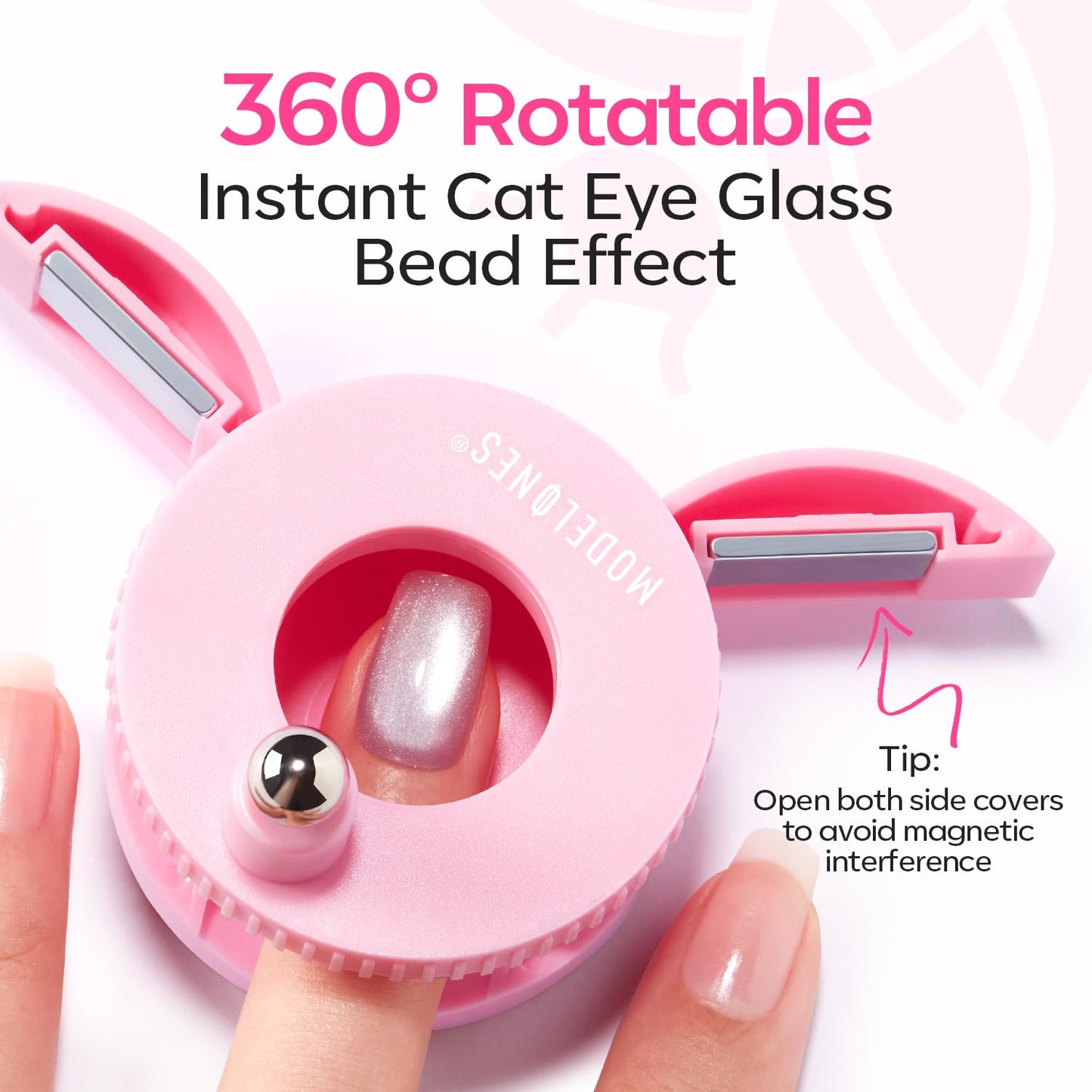 Modelones 5D Automatic Pink Nail Magnet - 3-in-1 Strong 360° Rotating Tool for DIY Cat Eye Gel Polish Designs