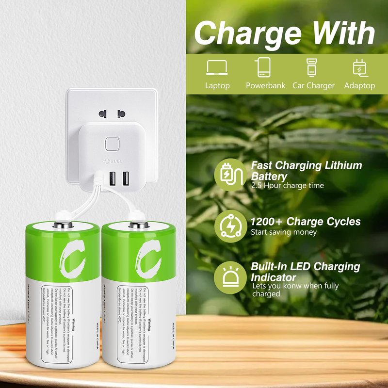 letoom C Batteries Rechargeable with USB 4 in 1 Cable 8 Pack C Size Cell Lithium Batteries LR14 5000mWh 1.5V Li-ion Power for Long-Lasting Use in Floodlights