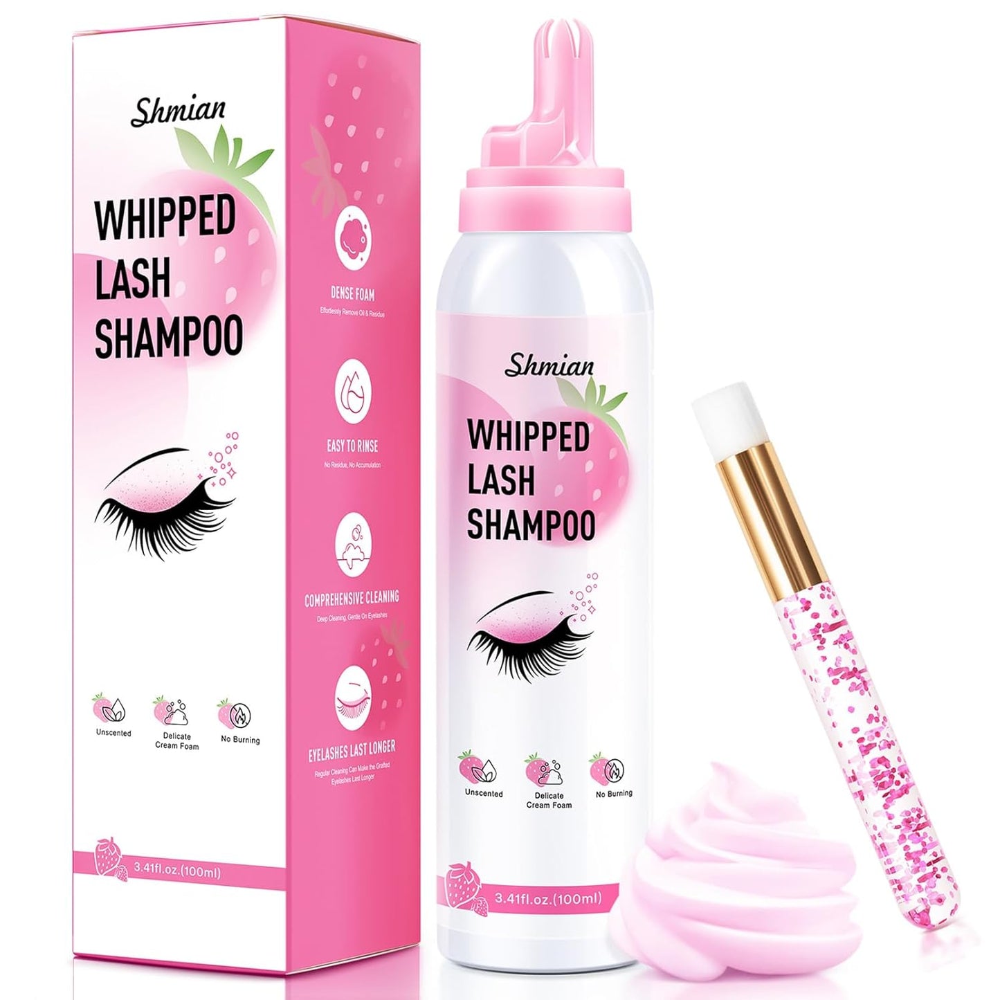 Whipped Lash Extension Cream Shampoo - 3X Concentrated Eyelash Cleaner Foam | 3.41 fl. oz | Strawberry Scent