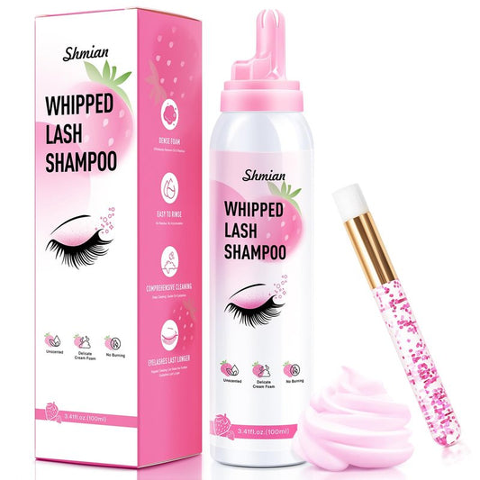 Shmian Whipped Lash Extension Cream Shampoo+Brush/3.41fl.oz/100ml/3X Concentrated Lash Shampoo for Professional & Home Use, Strawberry Flavor Eyelash Cleaner Foam