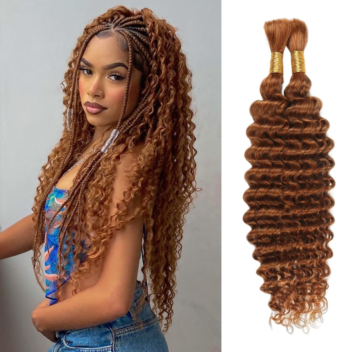 Human Braiding Hair - 14 Inch Ombre Highlight Deep Wave Bulk Extensions | Curly Bundles for Knotless Braids (4/27)