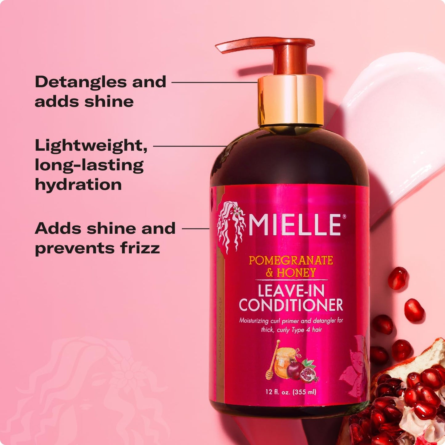Mielle Organics Pomegranate & Honey Leave-In Conditioner - Moisturizing Curly Hair Treatment | 12 Fl Oz