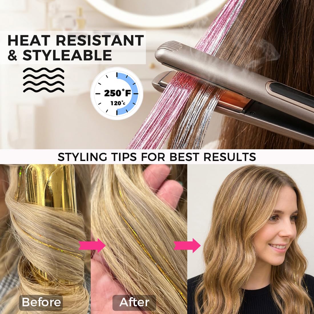 Hair Tinsel Kit with Tools, 3200+ Strands Red Holographic Fairy Hair, 48" Heat Resistant Glitter Hair Extensions, Easy DIY Kit for Girls, Christmas Party & Festival Gift