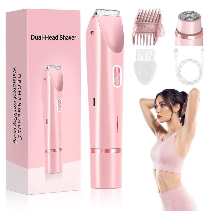 Electric Bikini Trimmer for Women, Dual Head Waterproof Rechargeable Body Shaver, Painless Hair Remover for Bikini Line, Underarms & Legs