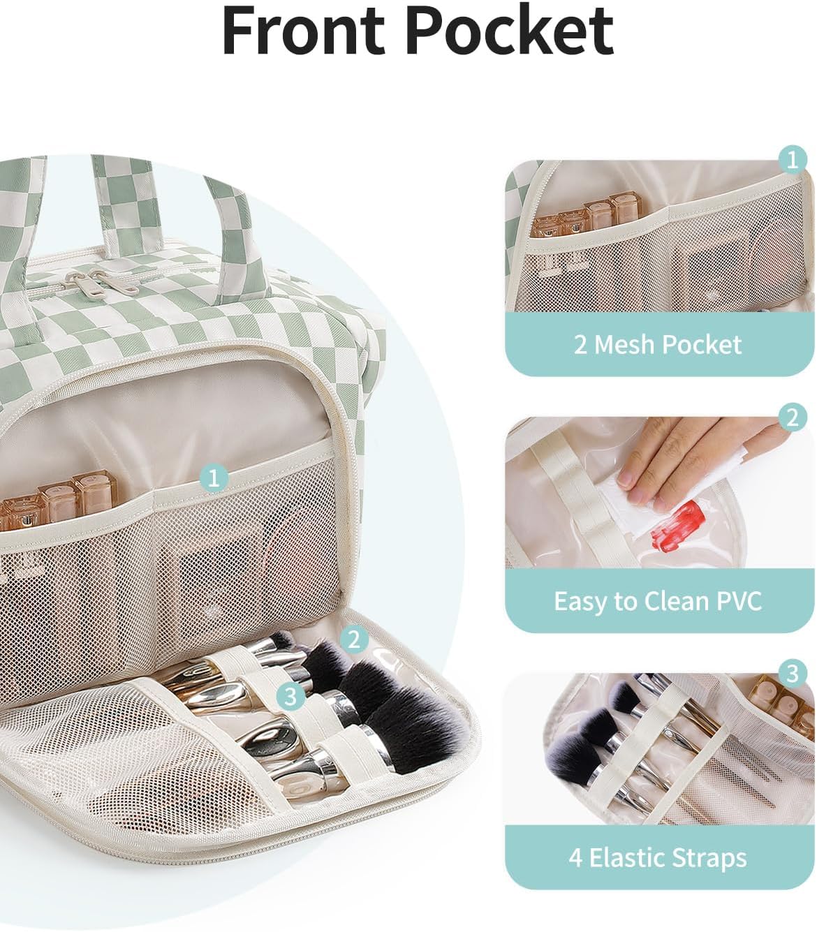 Travel Toiletry Bag for Women - Checkered Makeup Organizer with Handle | Large Size, Wet Pocket (Green Checker)
