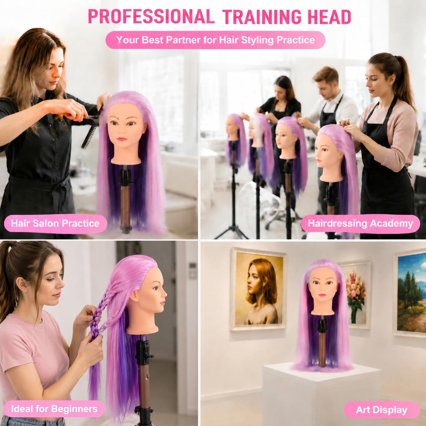 Mannequin Head with Hair,29" Professional Cosmetology Mannequin Head Doll Head for Hair Styling, Braiding, Cutting Practice, Training Head with Clamp + Practice Tools (Pink&Purple)