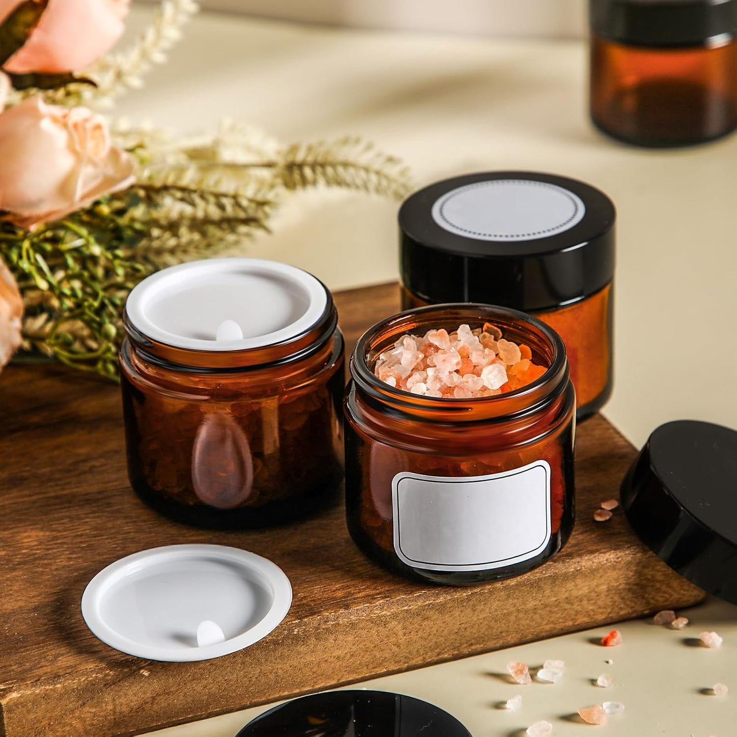 Layhit 60pcs 2 oz Glass Jars - Small Travel Storage Containers for Lotions & Creams | Amber with Black Lids
