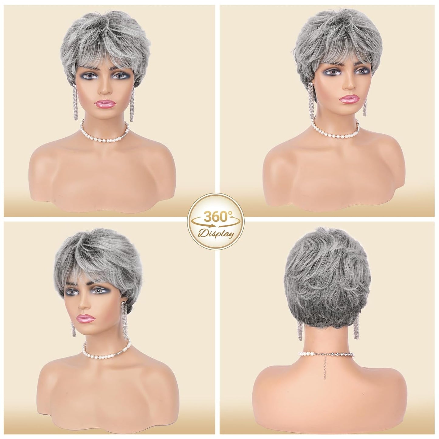 Gray Pixie Wigs for Women - Short Natural Layered Synthetic Hair Wig | Heat Resistant, Gray Mixed Black