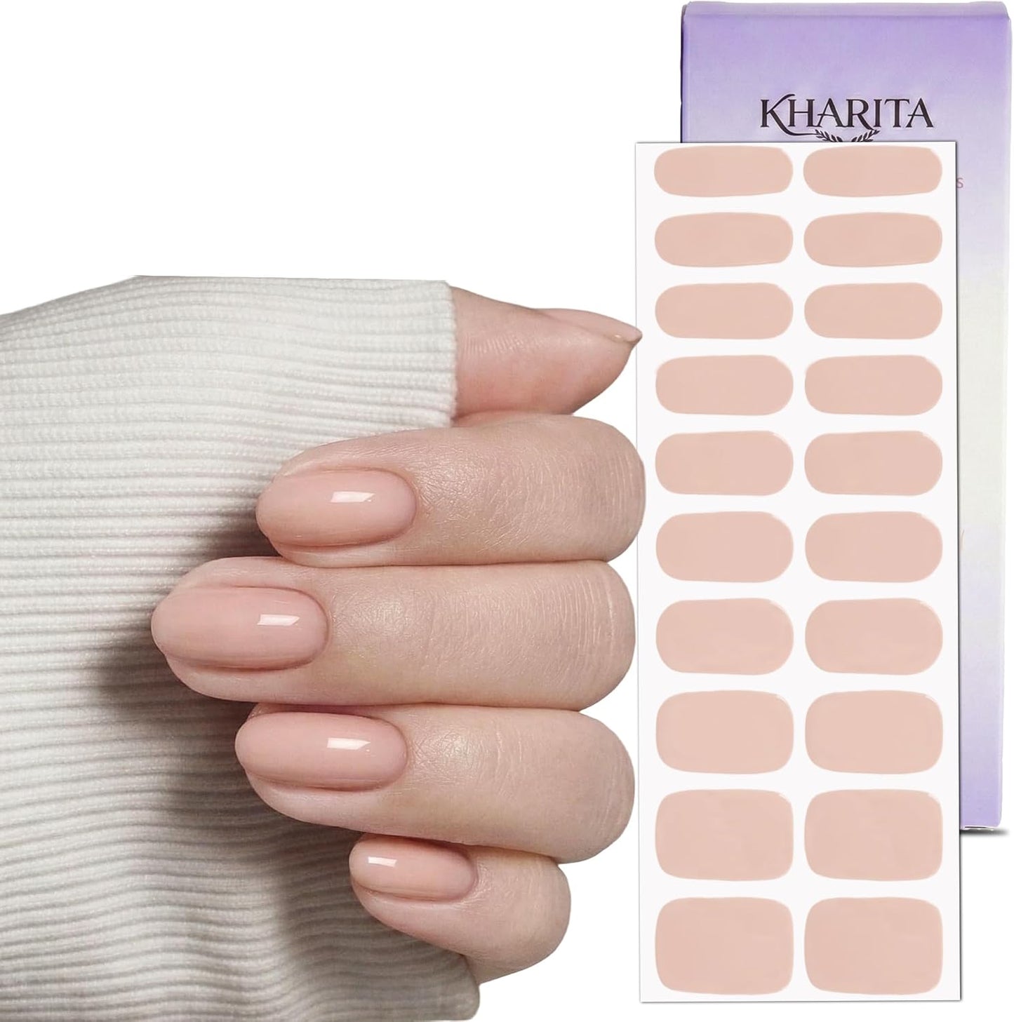 Gel Nail Strips - Long-Lasting Semi-Cured UV Polish Wraps | Easy Peel-Off, Hema-Free | 20-Piece Solid Nude Pink Kit with File