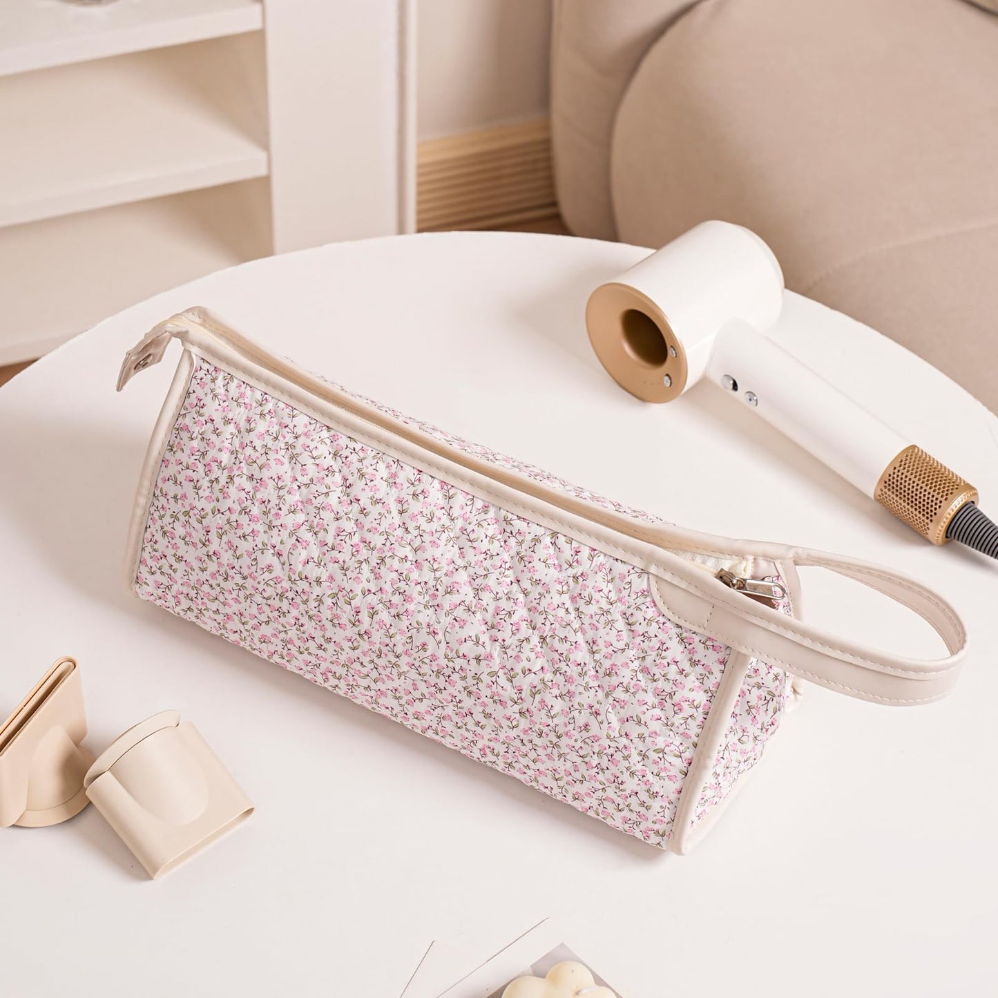 RSRSLEII Large Quilted Hair Tools Travel Bag,Aesthetic Hair Styling Accessories Storage Case for Flat Irons,Straightener,Curling Iron,Hair Dryer,Dyson Airwrap Travle Bag（06Small Pink Flower）