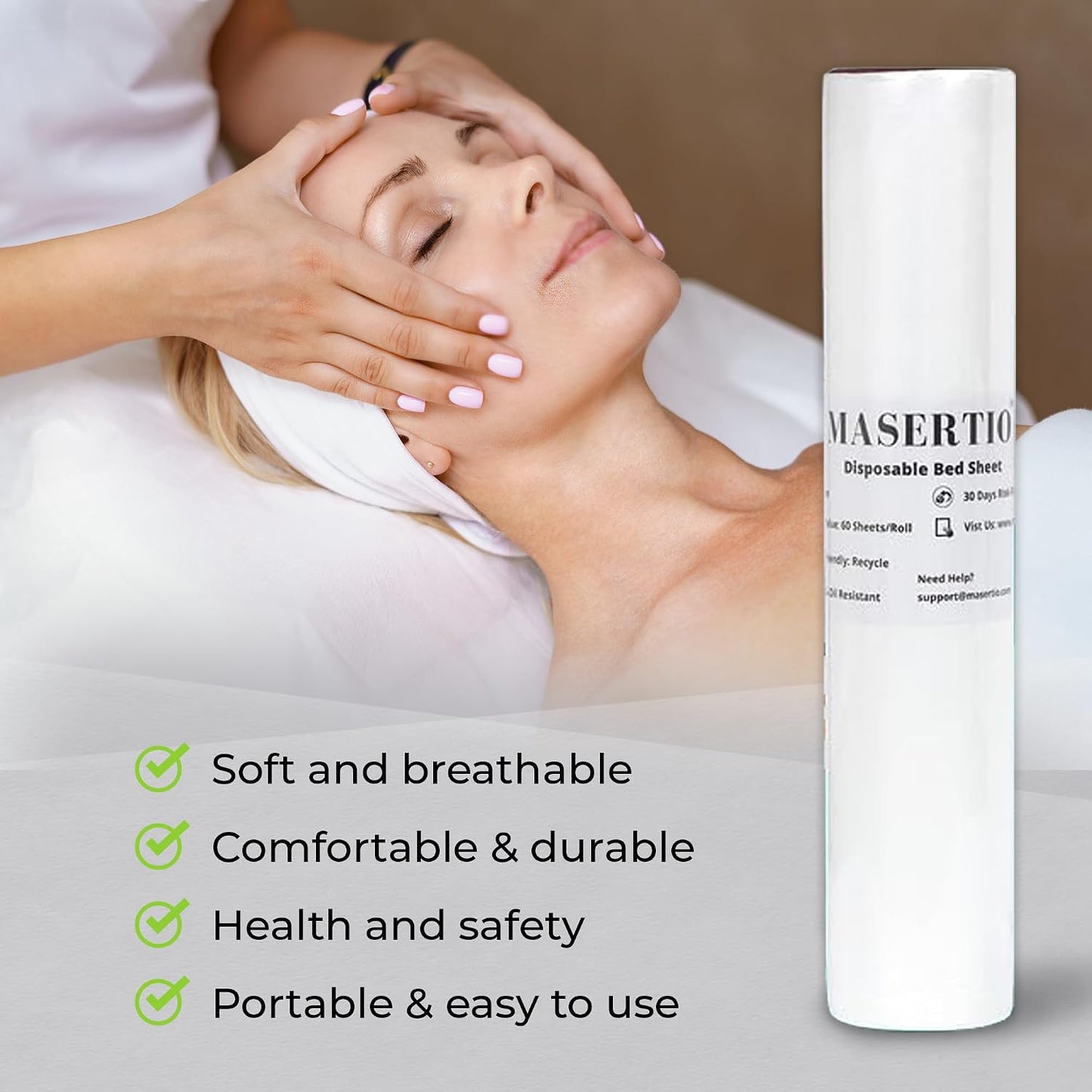 Disposable Massage Bed Cover - Non-Woven, Crinkle-Free Sheets | 31.5 x 71 Inches, 60 Sheets Per Roll