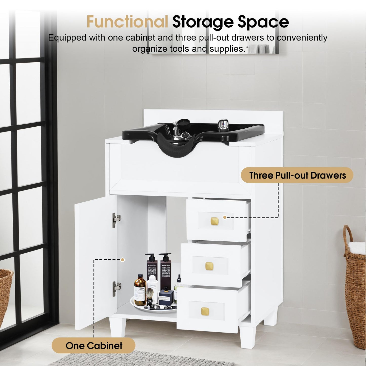 BarberPub Barber Storage Shampoo Station, Spa Textured Embossed Cabinet with Shampoo Bowl & Drawers, Hair Salon Sink Backwash Equipment 7131 (White)