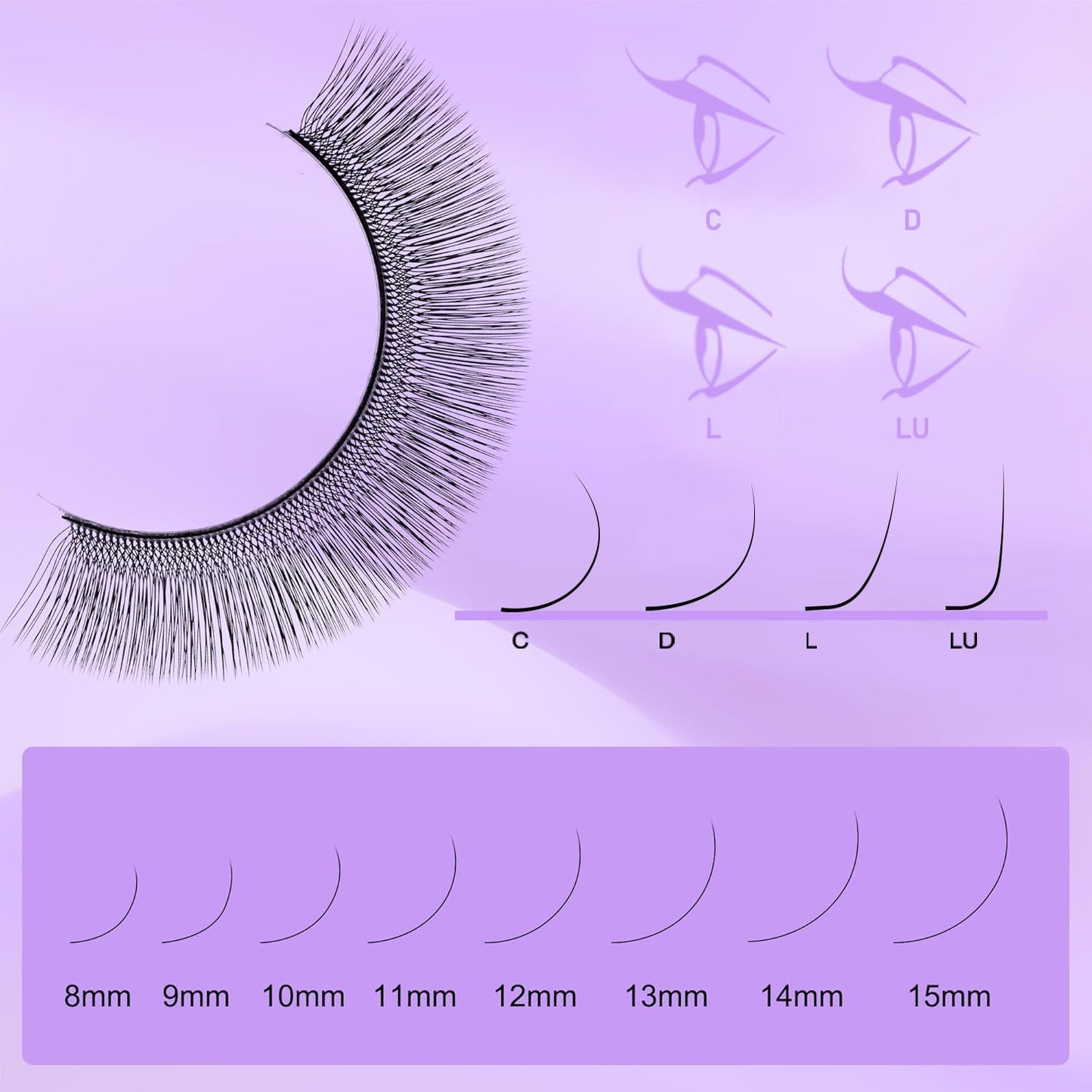 Natuhana 2D U Shape Lash Extensions Easy Fan Russian Volume UU Eyelash C/D/L/LU Curl 0.07mm Natural Y Shaped 12 Rows Premade Eye Lashes Supply(Black,0.07D,8-14mm)