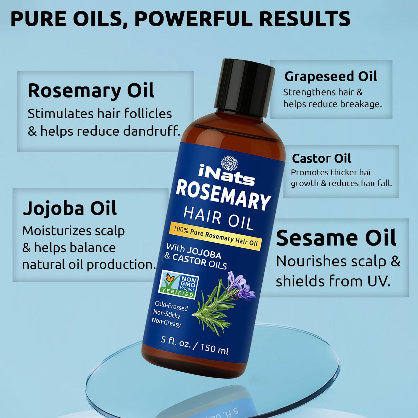 iNats 100% Pure Rosemary Oil for Hair Growth (5 fl oz) - Cold Pressed & Natural Infused w/Biotin, Jojoba & Castor Oils - Hair Oil Repairs Dry Damaged Hair, Strengthening, Healthier, Nourishing Hair