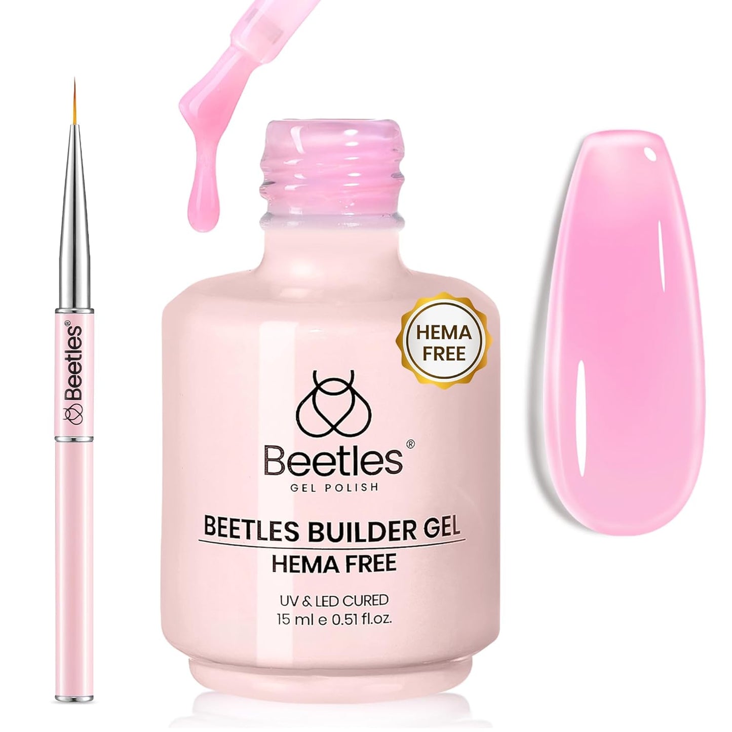 Beetles Builder Gel - 0.5oz Jelly Pink Nail Building Gel | HEMA & TPO Free, 7-in-1 Strengthening Formula for DIY Nail Art