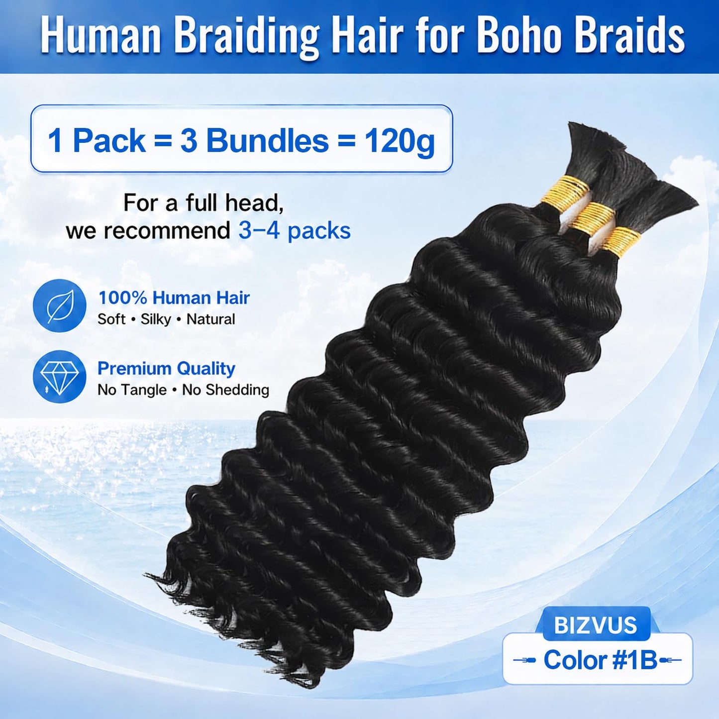 BIZVUS Human Braiding Hair for Boho Braids, Deep Wave Bulk Human Hair for Braiding, Wet and Wavy Curly Hair for Knotless Braids, Bohemian Braiding Hair 110g 3Bundles Natural Color #1B 18 Inch