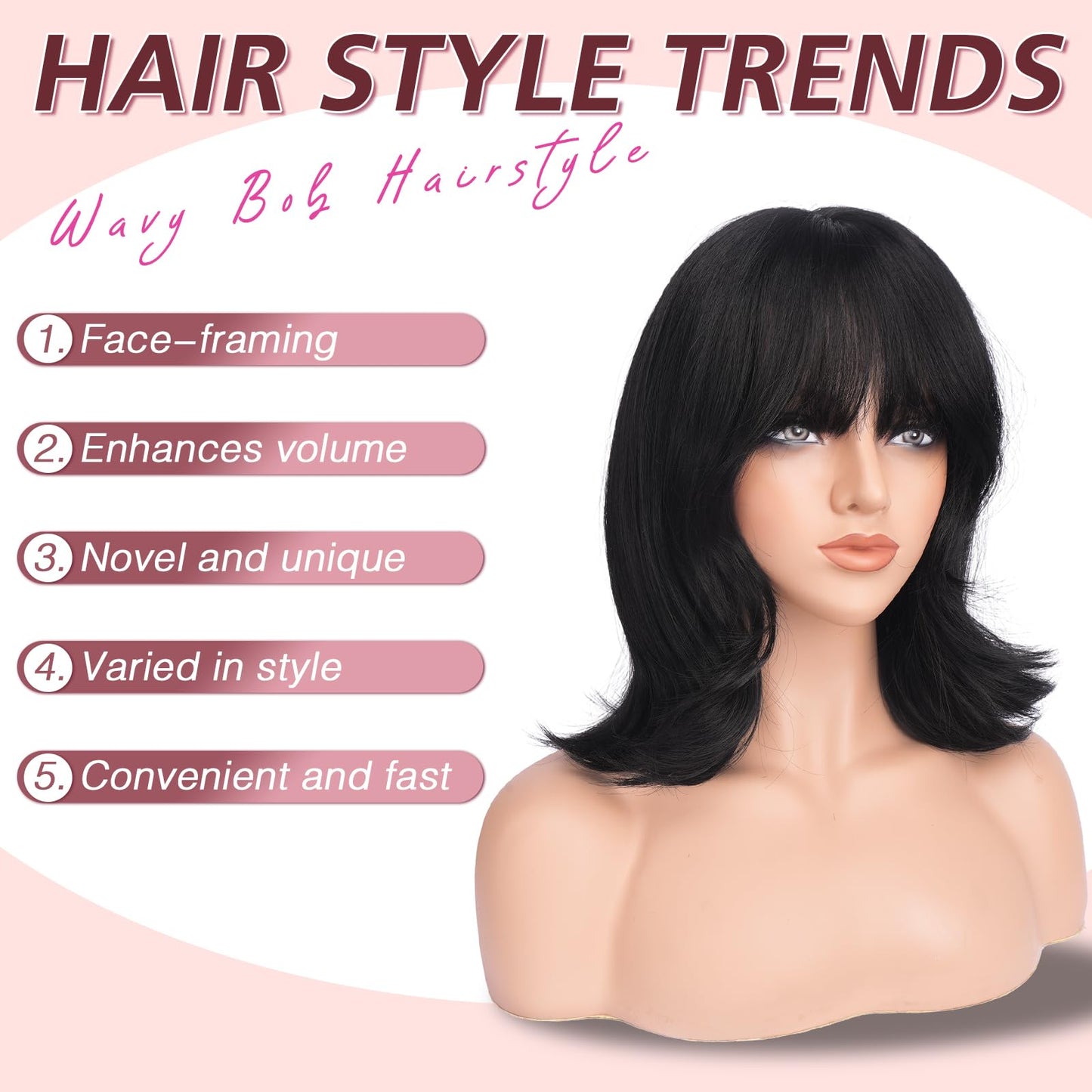 Haloo Black Short Bob Wigs with Bangs Shoulder Length Wavy Layered Flipped Ends Natural Looking Medium Synthetic Hair Wig for Women Daily Party, 14 Inch Natural Black