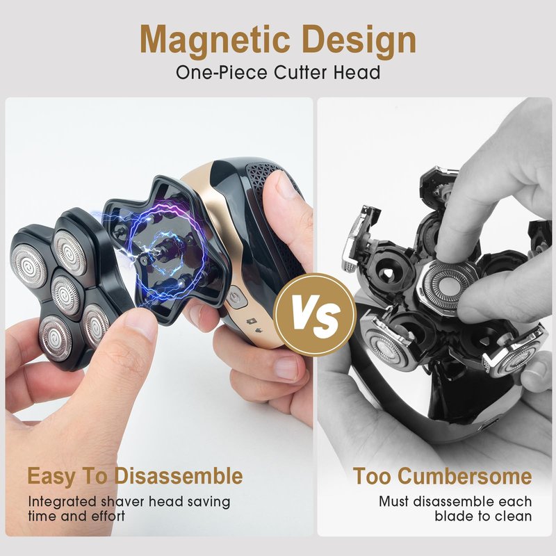 Telfun Magnetic Head Shavers for Bald Men, Cordless 5-in-1 Electric Razor for Fast Shaving- IPX7 Waterproof Wet/Dry Mens Grooming Kit - Easy Use Palm Shaver for a Smooth Bald Shave