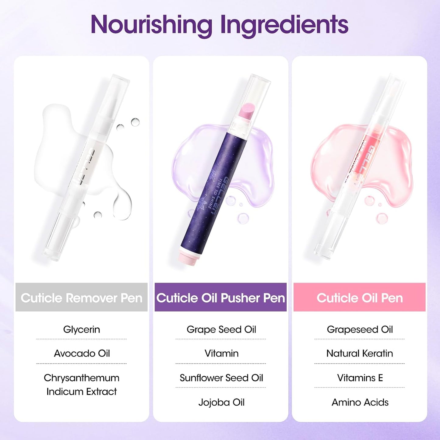 Gellen Cuticle Pusher Oil Pen Set - 3 Pcs Ceramic Cuticle Remover & Moisturizing Oil for Home & Salon Care