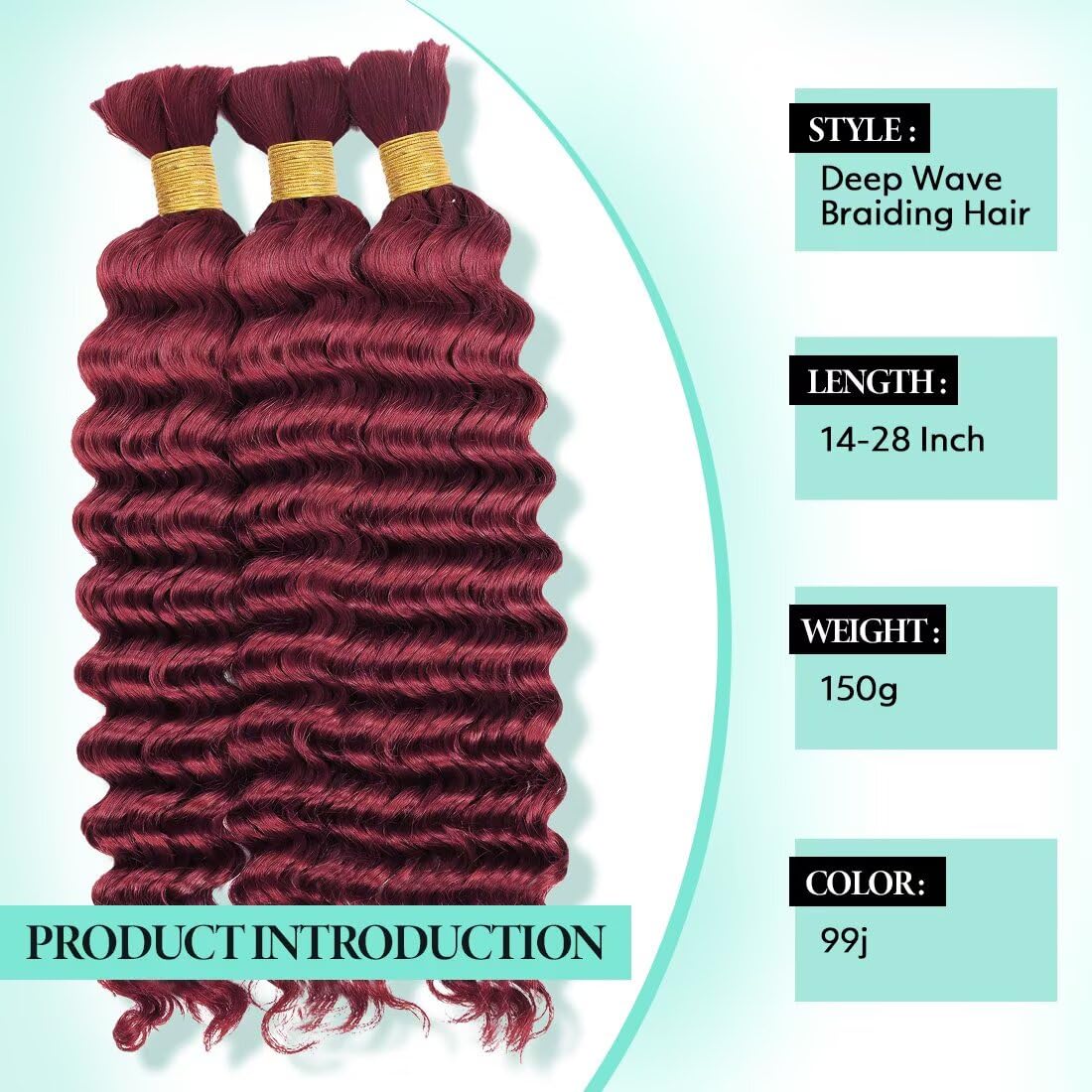 Boho Hair for Braiding, Curly Virgin Human Braiding Hair for Women, 12A Knotless Deep Wave Bulk Bohemian Styles, 150g 18 Inch 3 Bundles/Pack Burgundy Color 99J