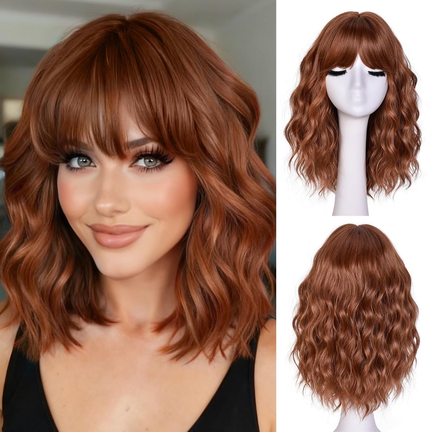 Short Wavy Wig with Bangs - Natural Curly Synthetic Hair for Daily Wear | 14-Inch Brown Highlight