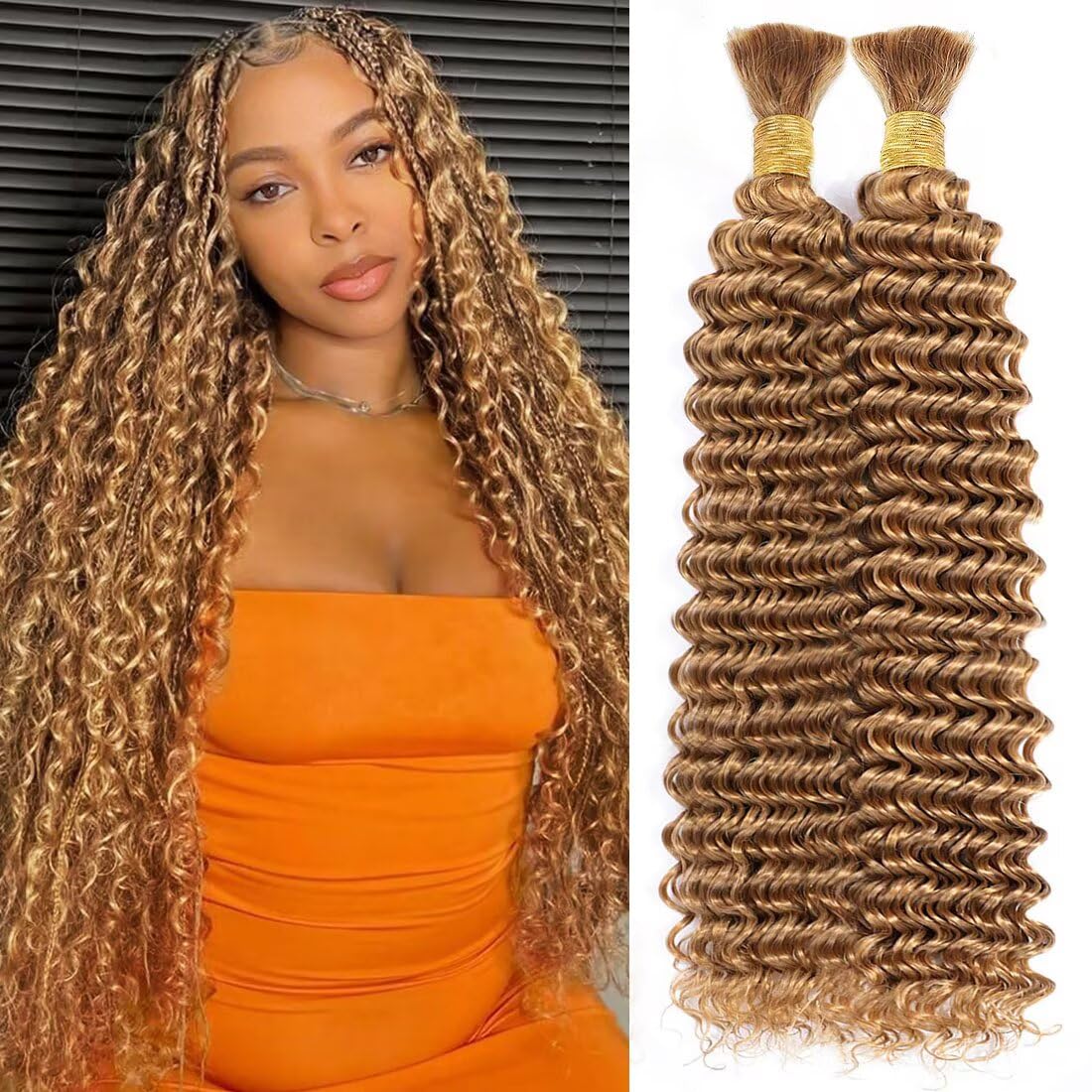 Boho Hair for Braiding, Curly Virgin Human Braiding Hair for Women, 12A Knotless Deep Wave Bulk Bohemian Styles, 100g 20 Inch 2 Bundles/Pack Caramel Honey Blonde Color 27