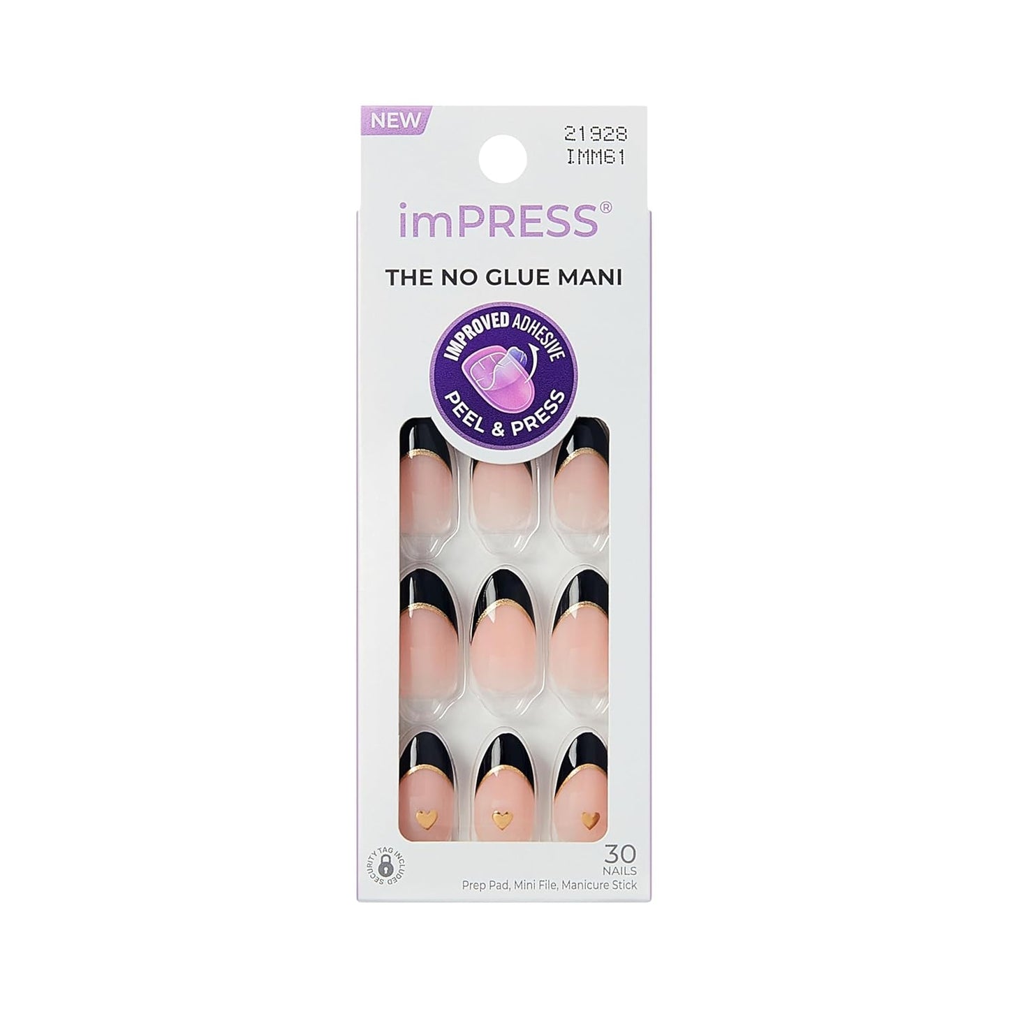 Kiss Impress No Glue Mani Press-On Nails - Positive Black Almond Shape | Medium Size, 30 Nails & Accessories