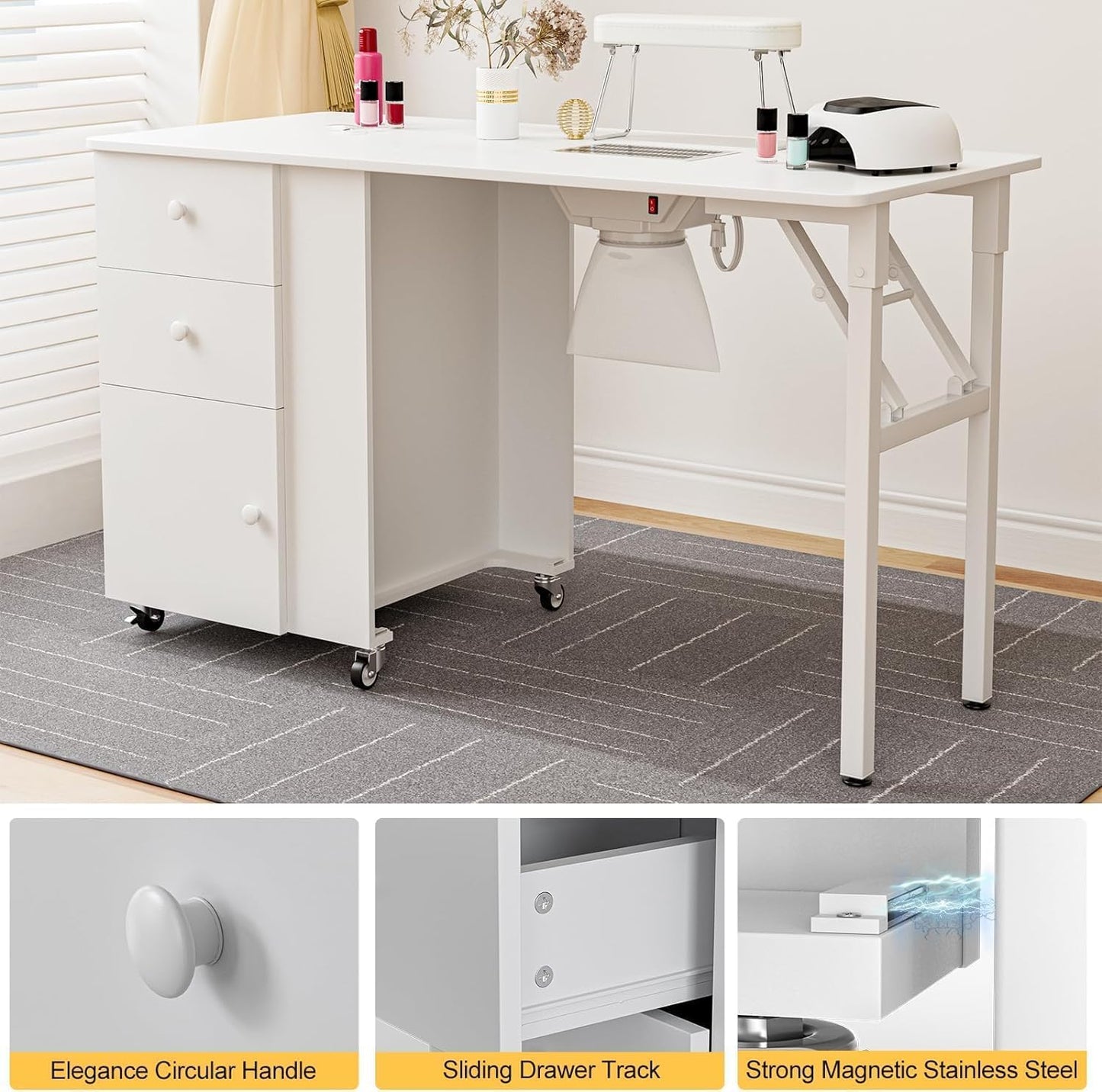 Foldable Manicure Table - Portable Nail Desk with Electric Downdraft Vent | Lockable Wheels & Storage Drawers (White)