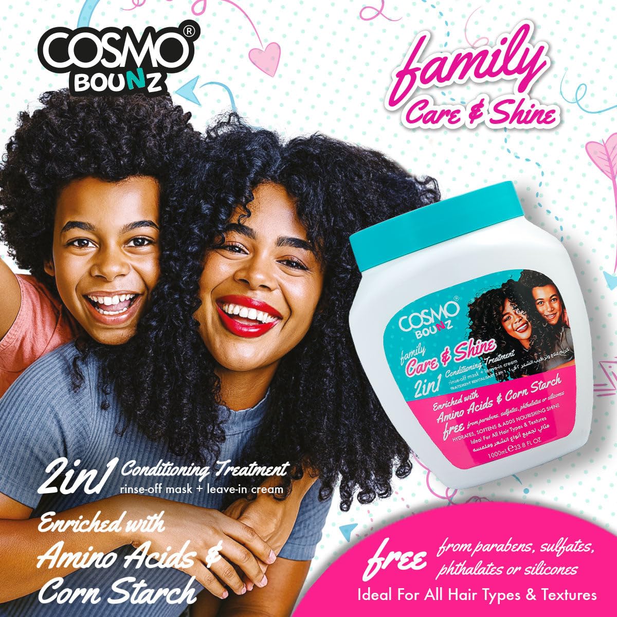 Cosmo Bounz Hair Care Family Care & Shine 2 In 1 Conditioning Treatment 1000ml White, Gentle Nourishing Hair Treatment Cream, Softening, Detangling, Shine Enhancing Daily Use, For All Hair Types