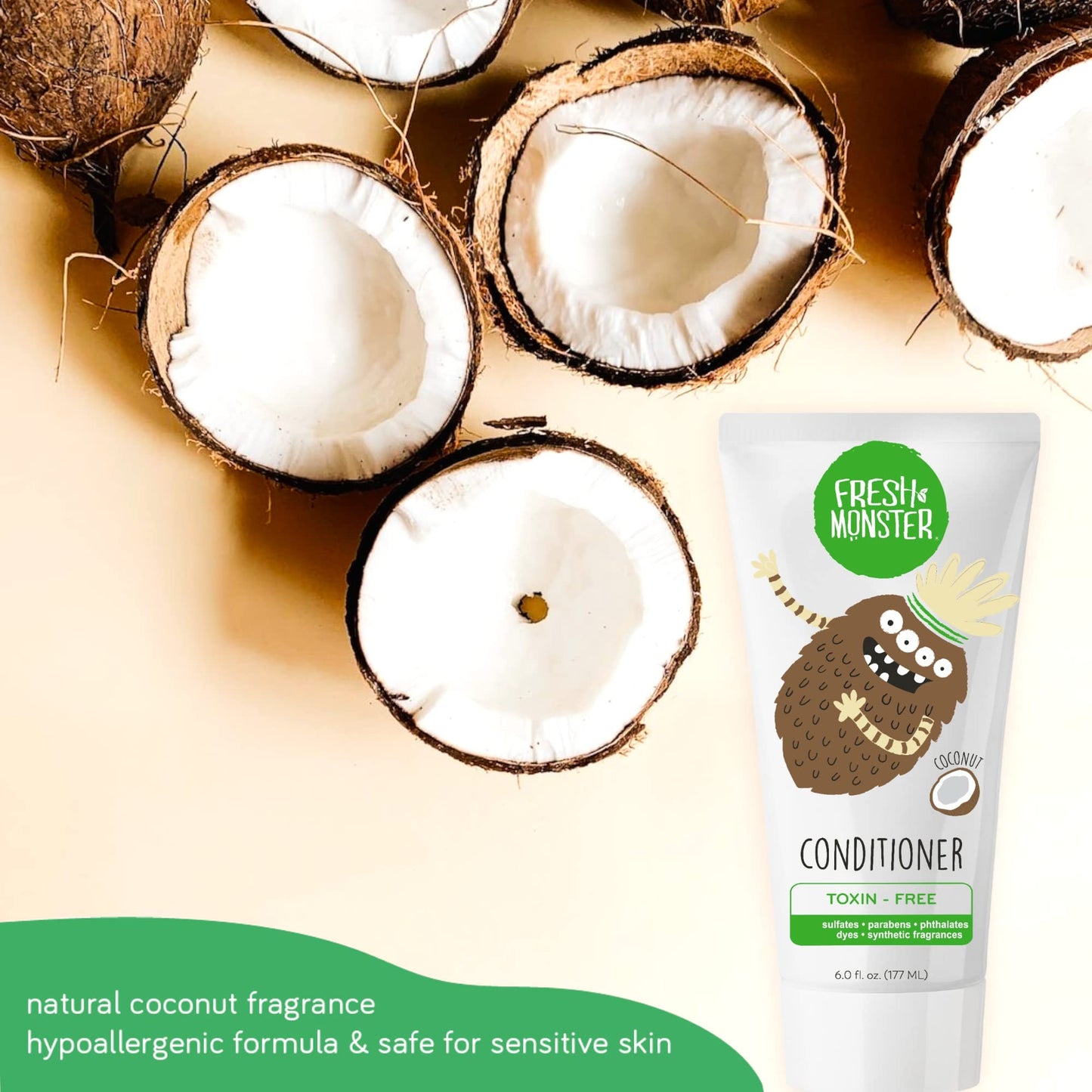 Fresh Monster Kids Hair Conditioner, Toxin-Free, Hypoallergenic & Natural, Hair Conditioner for Kids, Coconut (2 Pack, 6oz/each)