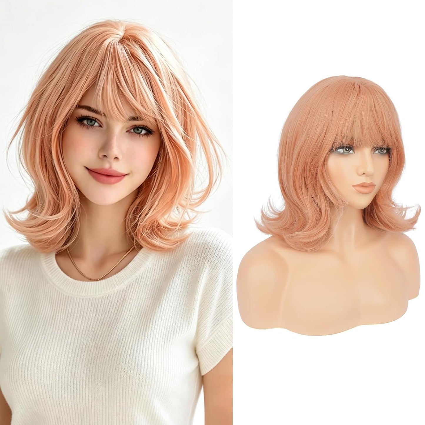 Blonde Short Bob Wig with Bangs - Wavy Layered Synthetic Hair | 14 Inch Dirty Blonde for Women