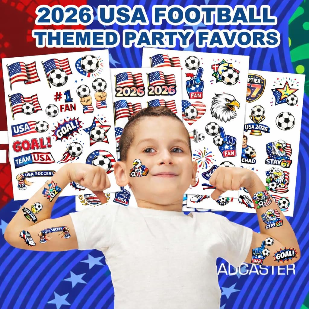 62Pcs Soccer Temporary Tattoos – USA Soccer Party Favors, American Flag Fan Tattoos, 2026 Soccer Cup Decorations, Birthday Party Supplies, Patriotic Tattoos for Fans, 2026 Soccer Celebration