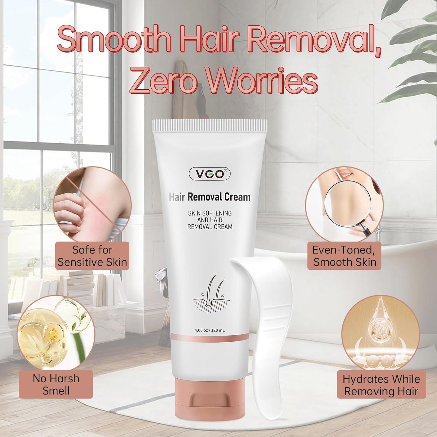 VGO Painless Hair Removal Cream for All Skin Types - 4.06oz with Spatula | Ideal for Body, Back & Legs
