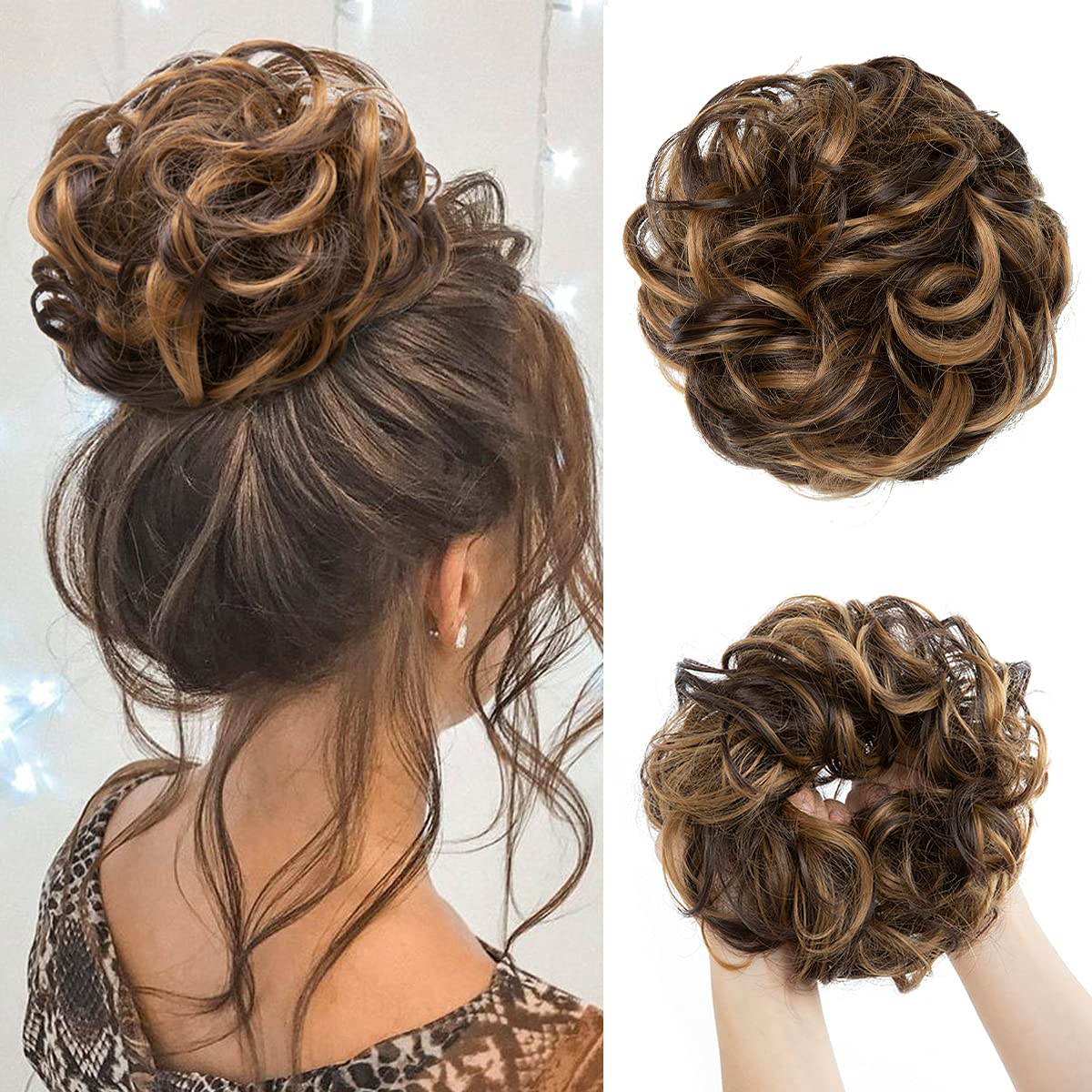 Large Messy Bun Hair Piece - Wavy Curly Synthetic Chignon Ponytail Extensions for Women | Dark Brown