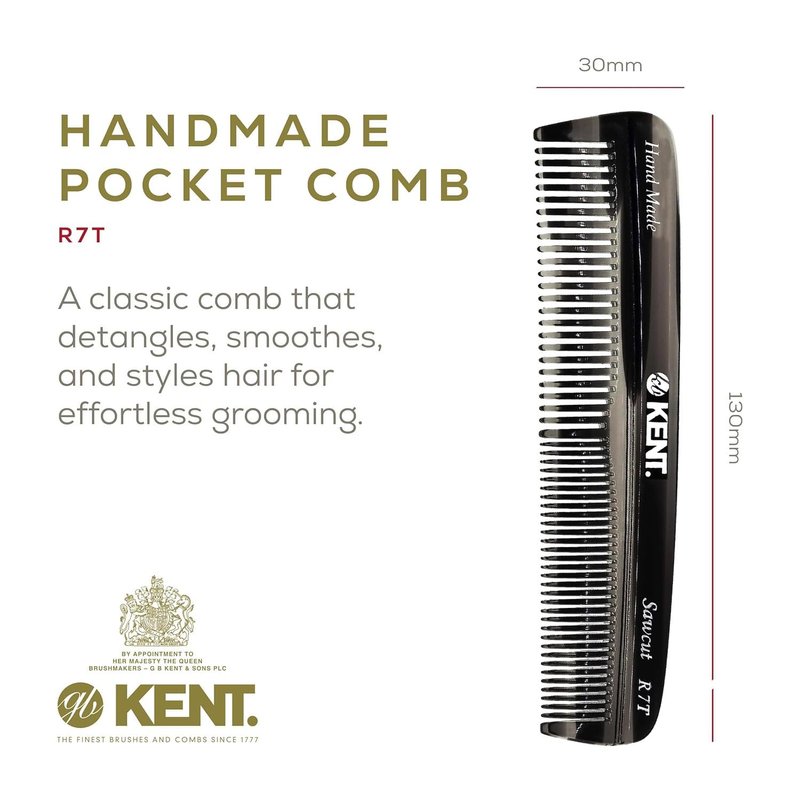 Kent R7T Black Graphite Fine and Wide Tooth Hair Comb, Handmade Pocket Comb for Men, Best Beard and Mustache Combs for Everyday Grooming and Styling, Sawcut Kent combs, Made in England