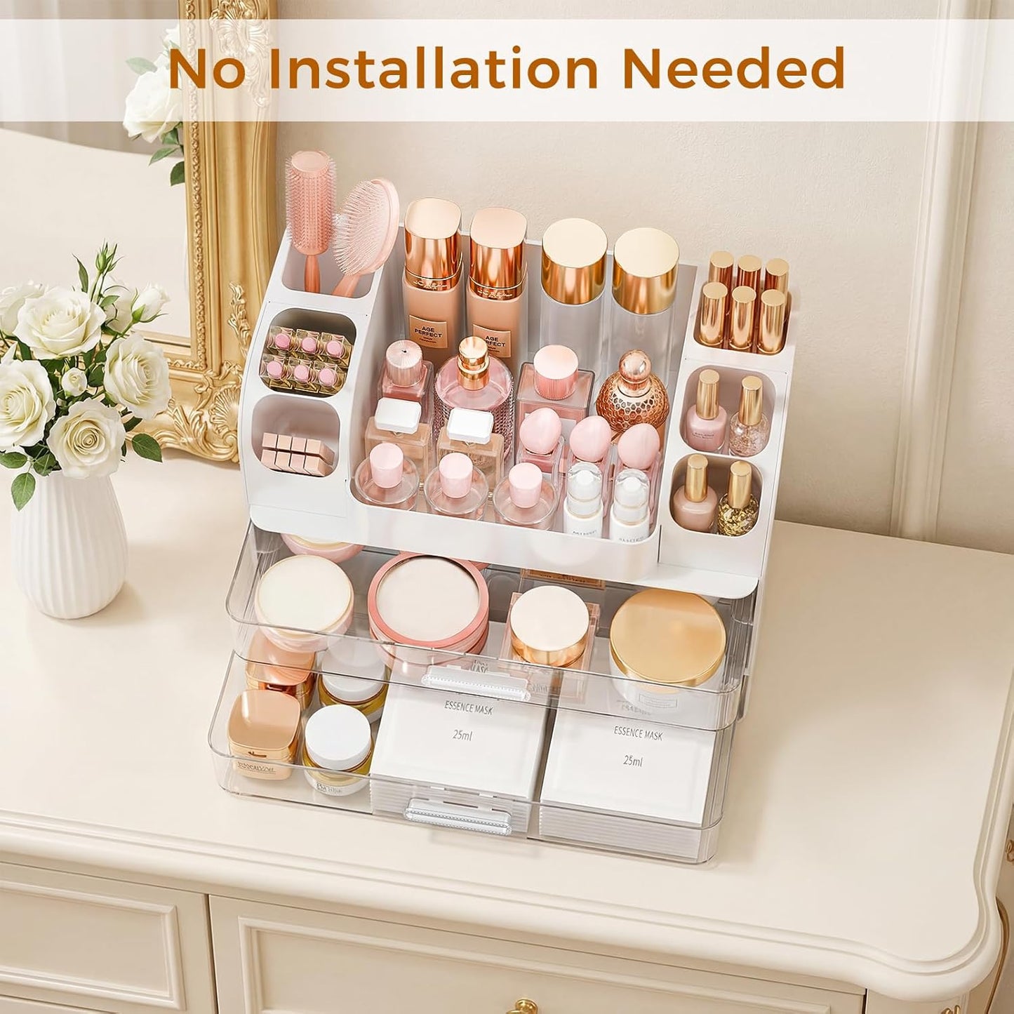 Makeup Organizer - Large Vanity Storage with Drawers | Skincare, Brush Holder & Perfume Display (White)