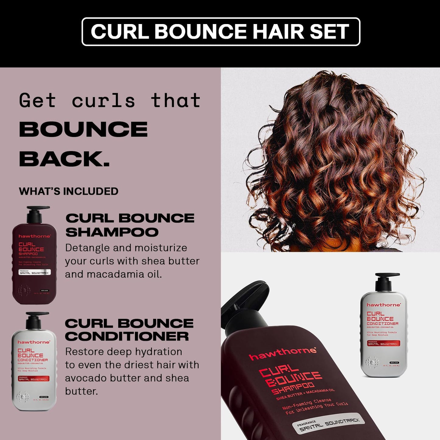 Hawthorne Curl Bounce Men's Curly Hair Shampoo & Conditioner Set - Sulfate-Free, Shea Butter & Macadamia Oil | 16 oz Each
