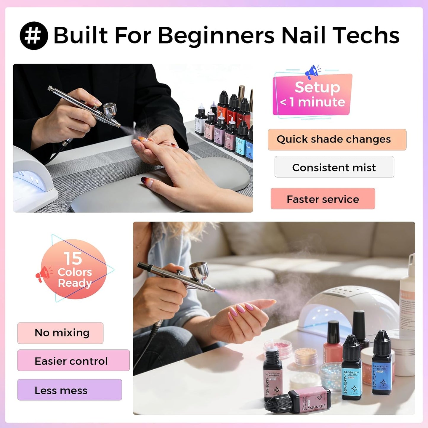 Airbrush Gel Nail Polish Kit - 15 Vibrant Colors | No Clogging, Smooth Spray, High Pigment for Ombre & French Nail Art