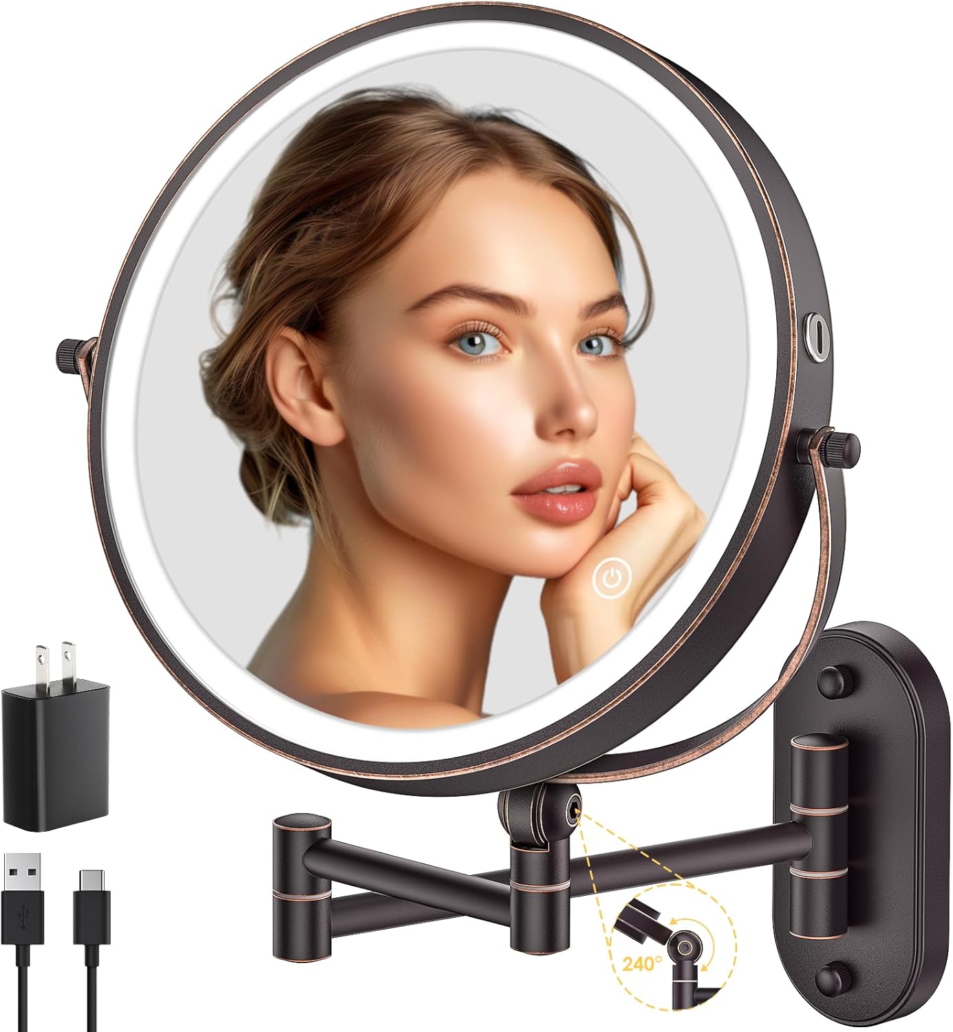 IMIKONA 9-Inch Wall Mounted Lighted Makeup Mirror - 1X/10X Magnification, 3 Color Lights, Touch Dimmable, 360° Rotation