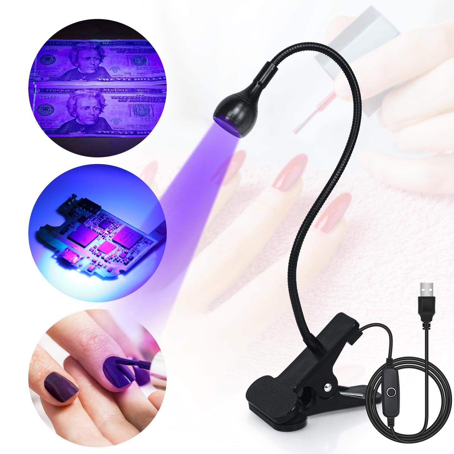 Geisofu UV Nail Lamp - UV Light for Gel Nails, Flash Cure Lamp, LED Gooseneck Flash Cure Lamp for Nails, Manicure Dryer Black Light with Clamp, 365+395nm Wavelength 5V 3W 4 Levels Dimming Black