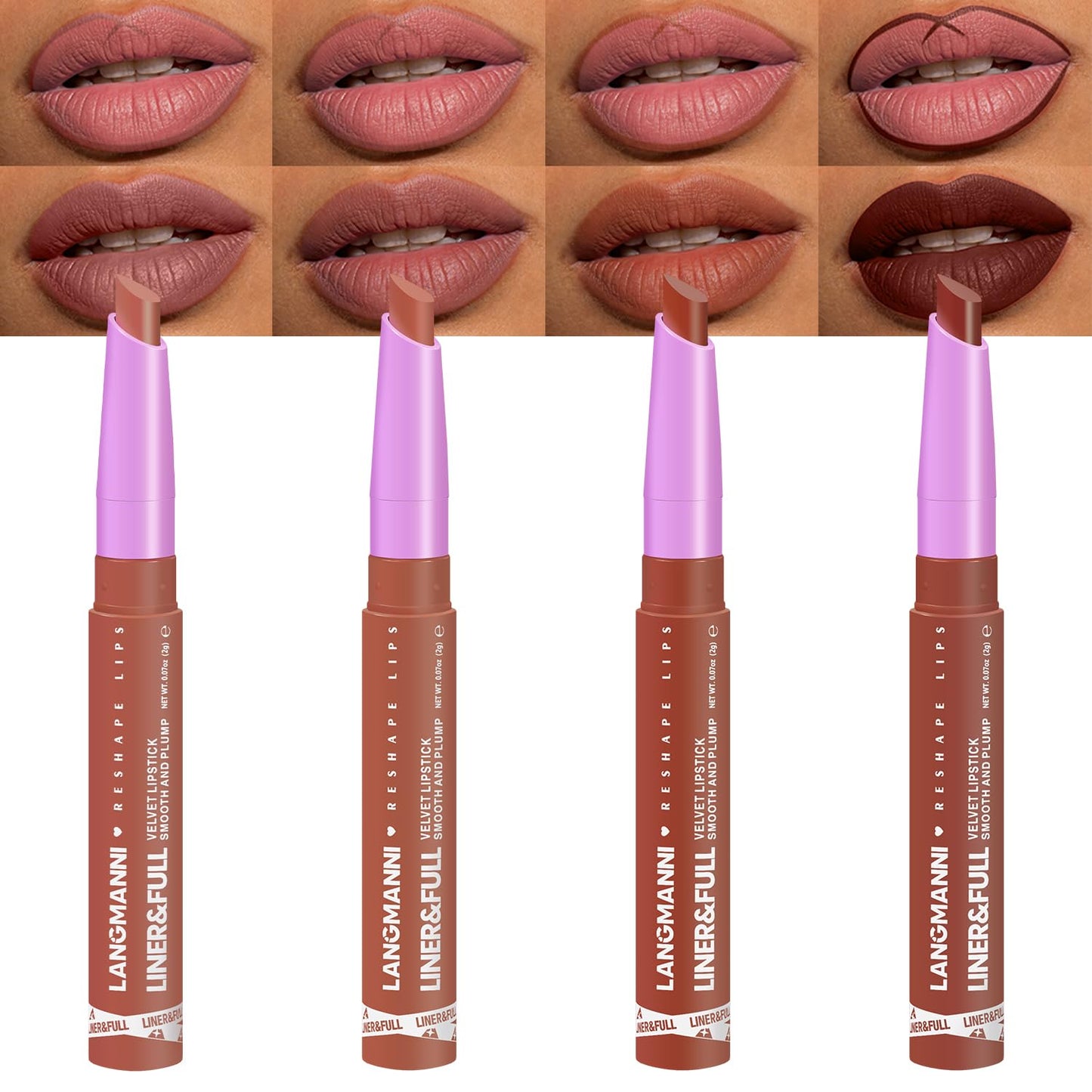 Langmanni Velvet Matte Lipstick Set - 8Pcs 2-in-1 Lip Liner & Full-Size Lipstick | Unique Teardrop Shape Gift for Women